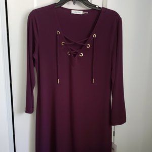 Calvin Klein Plum Lace Up Neckline Shift Jersey Dress NWT